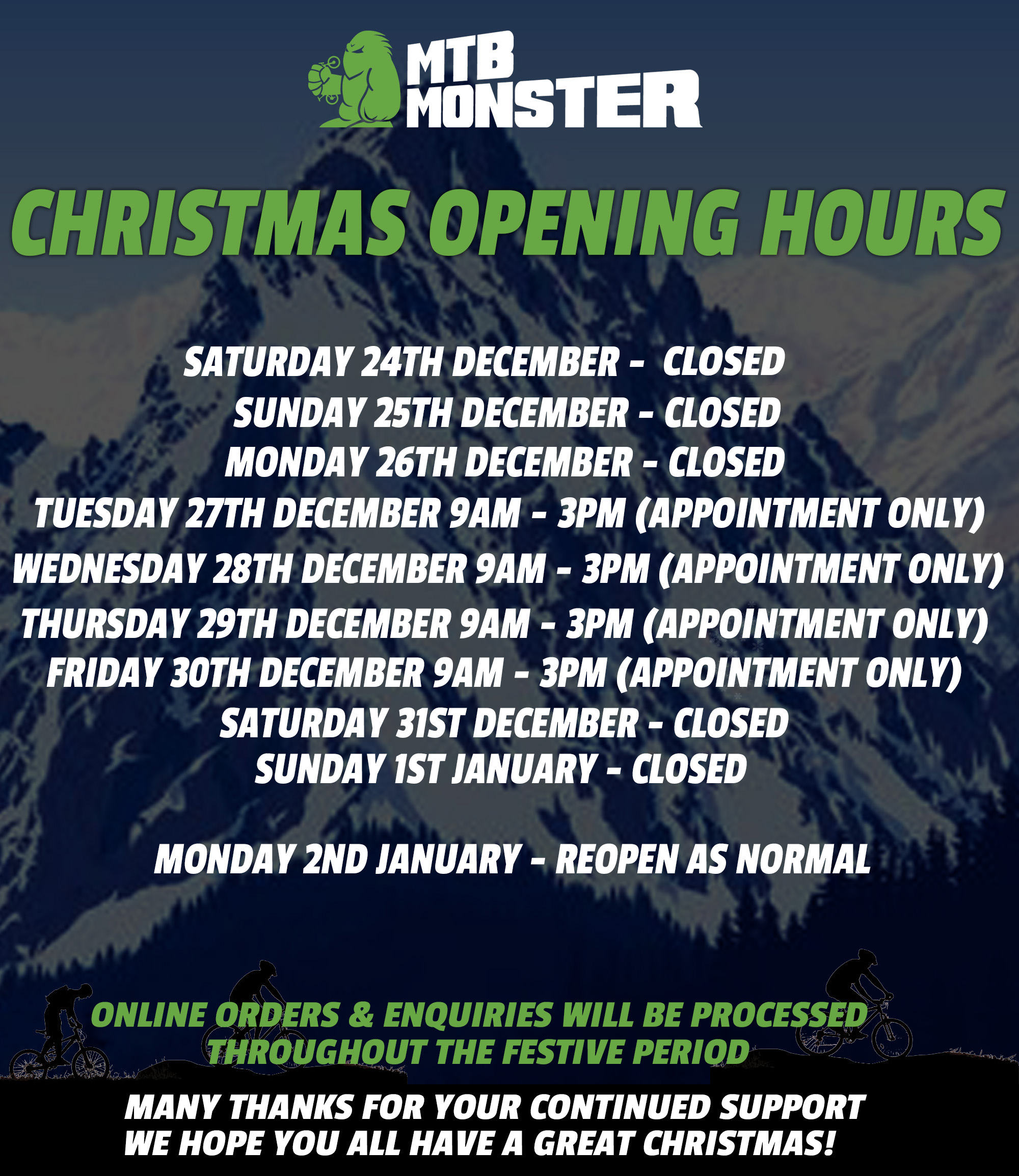 MTB Monster Christmas Opening Hours