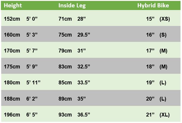 hybrid bike size guide