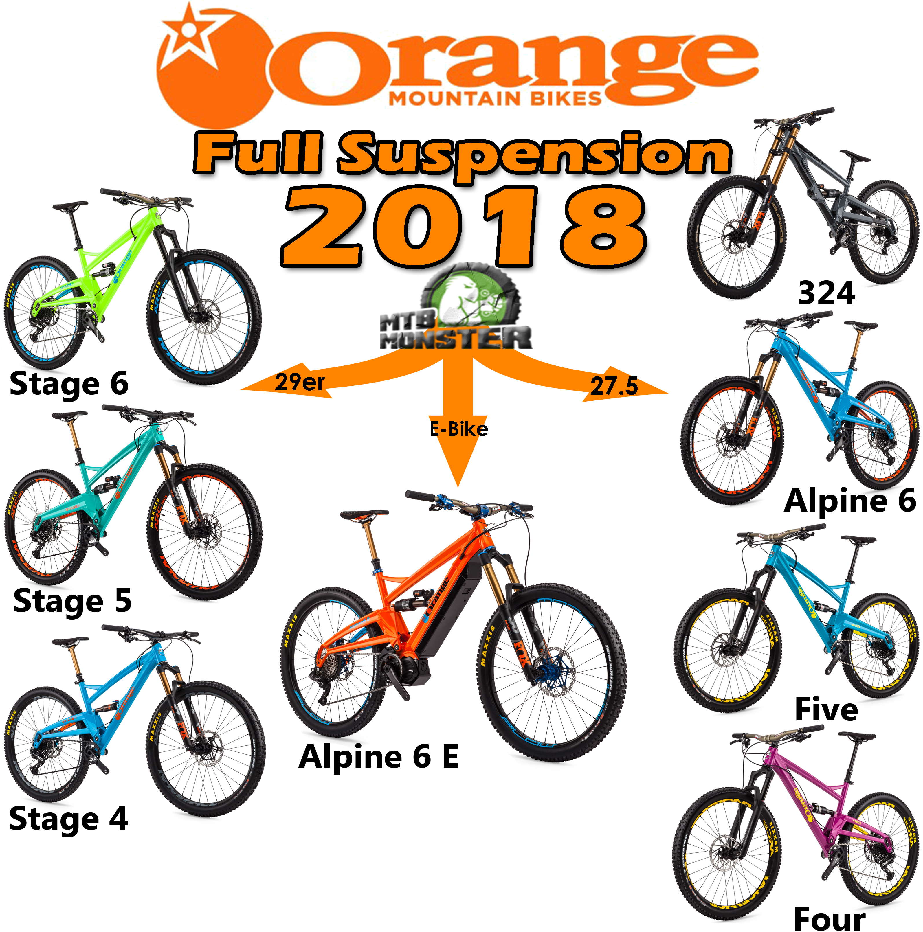 2018 Orange Bikes -  Full Suspension Range Guide, Information,  Help,  Guide,  Stage 6,  Stage 5,  Stage 4,  324,  Alpine 6,  Five,  Four